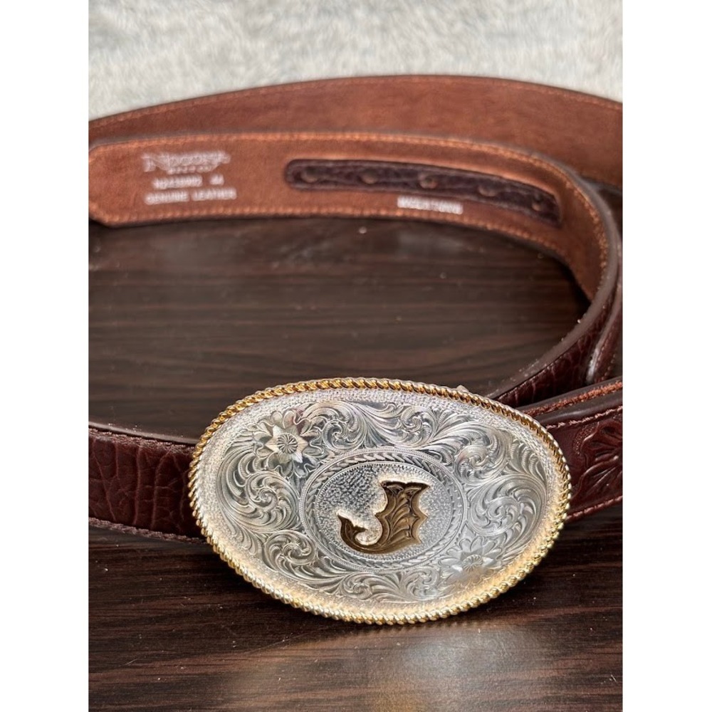 Nocona Brown Tooled Leather Belt Montana Silversmiths Initial J Buckle Size 44